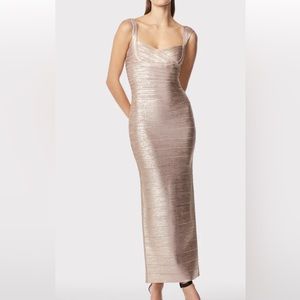 HERVE LEGER SWEETHEART BANDED FOIL GOWN size L in ROSE GOLD worn once SOLD OUT